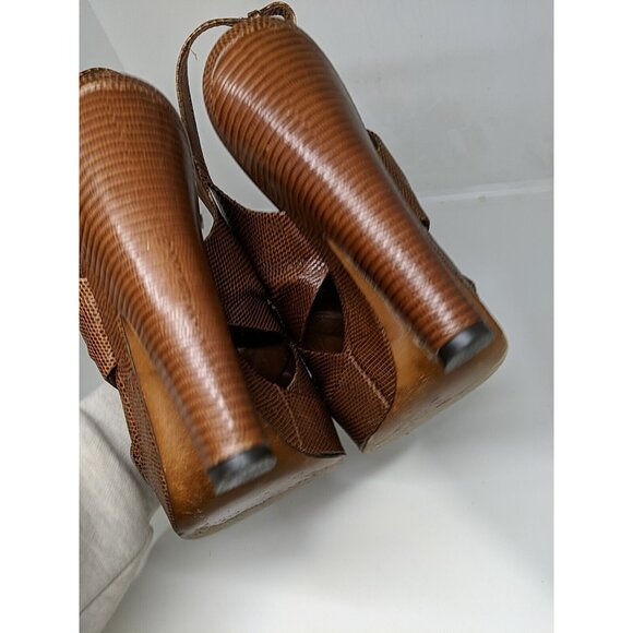 MOSCHINO Women'ts Vtg BROWN LEATHER SLINGBACK PLATFORM HEELS Size 39.5 - Picture 7 of 13